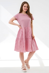 Женское платье комбинированное с ярусами П458ПУ / Пудровый
